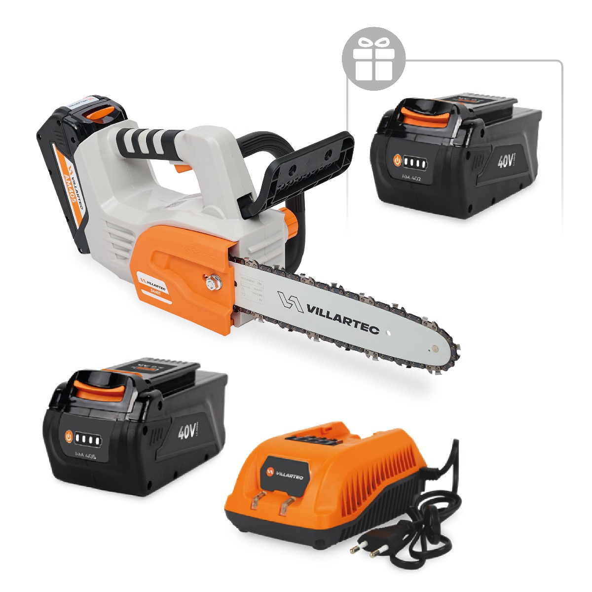 Аккумуляторная цепная мотопила VILLARTEC SА40T SET: AM405 + AC402 ( + 1 Аккум. 2Ач в подарок)
